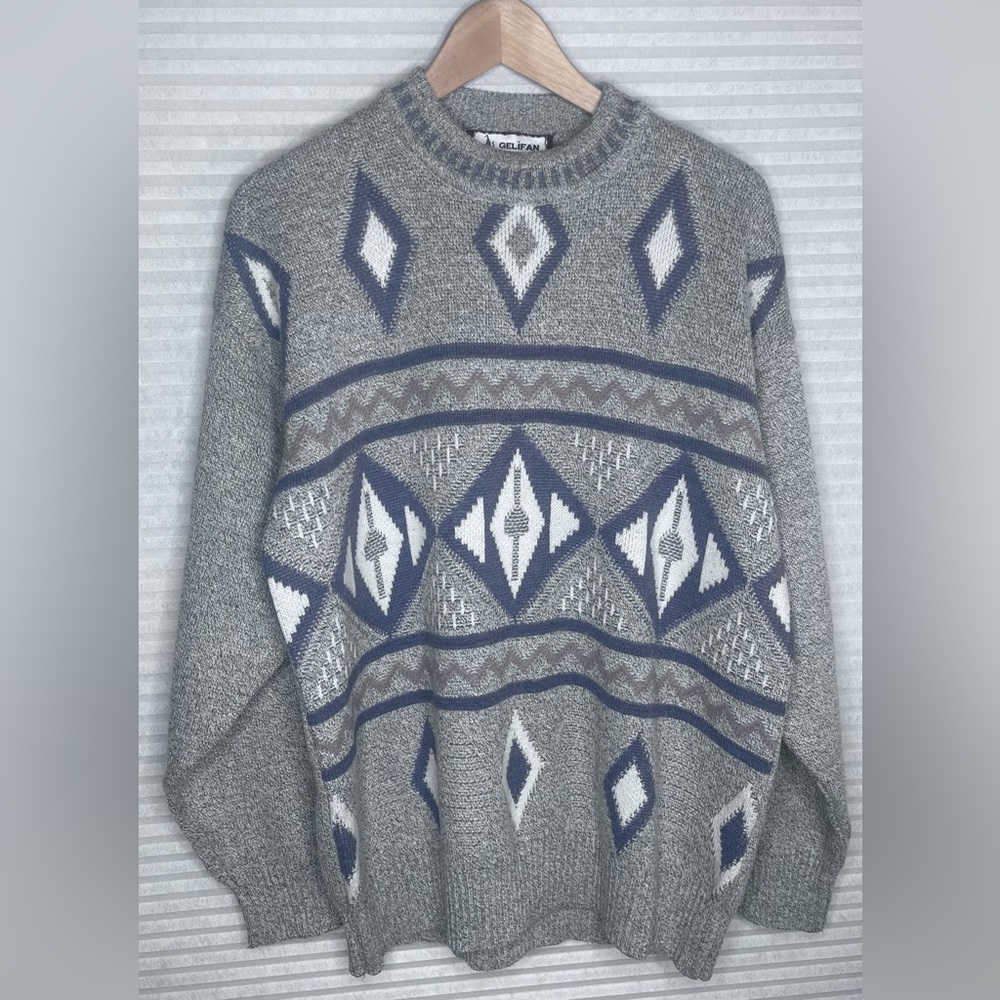 Vintage Grey Aztec Geometric Sweater Knit Pullover Men Size M Southwestern